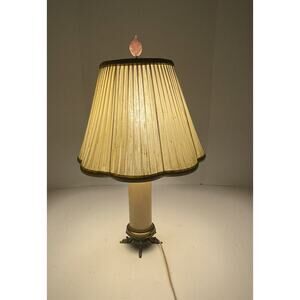 Mid‎ Century Chilo Silk Screened Glass Table Lamp Ivory Brass Base Large Shade